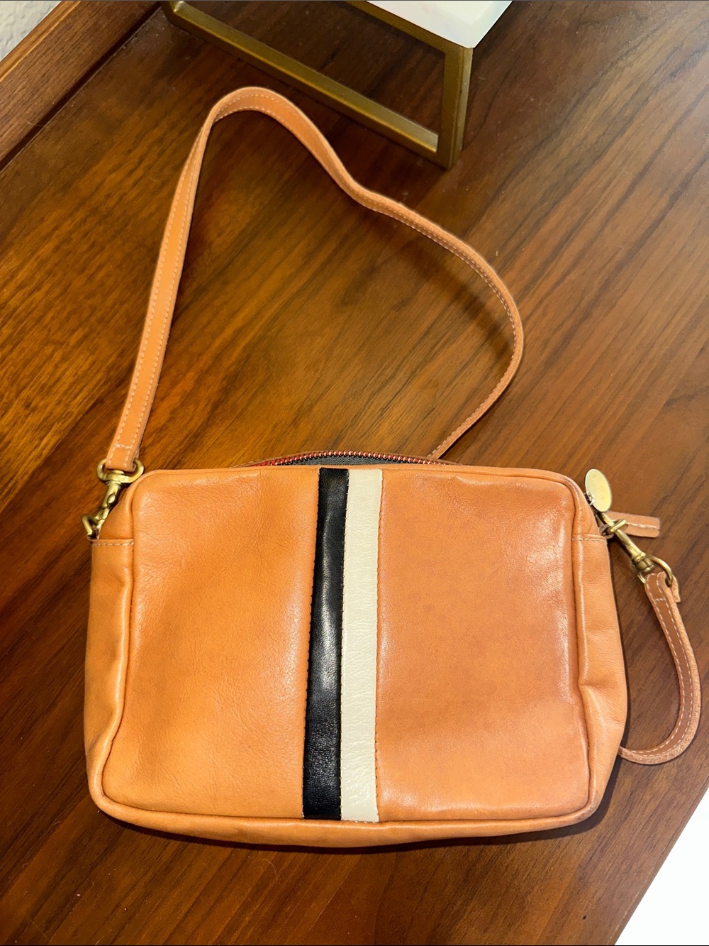 Clare V Leather Crossbody Bag with Black & Cream Stripe